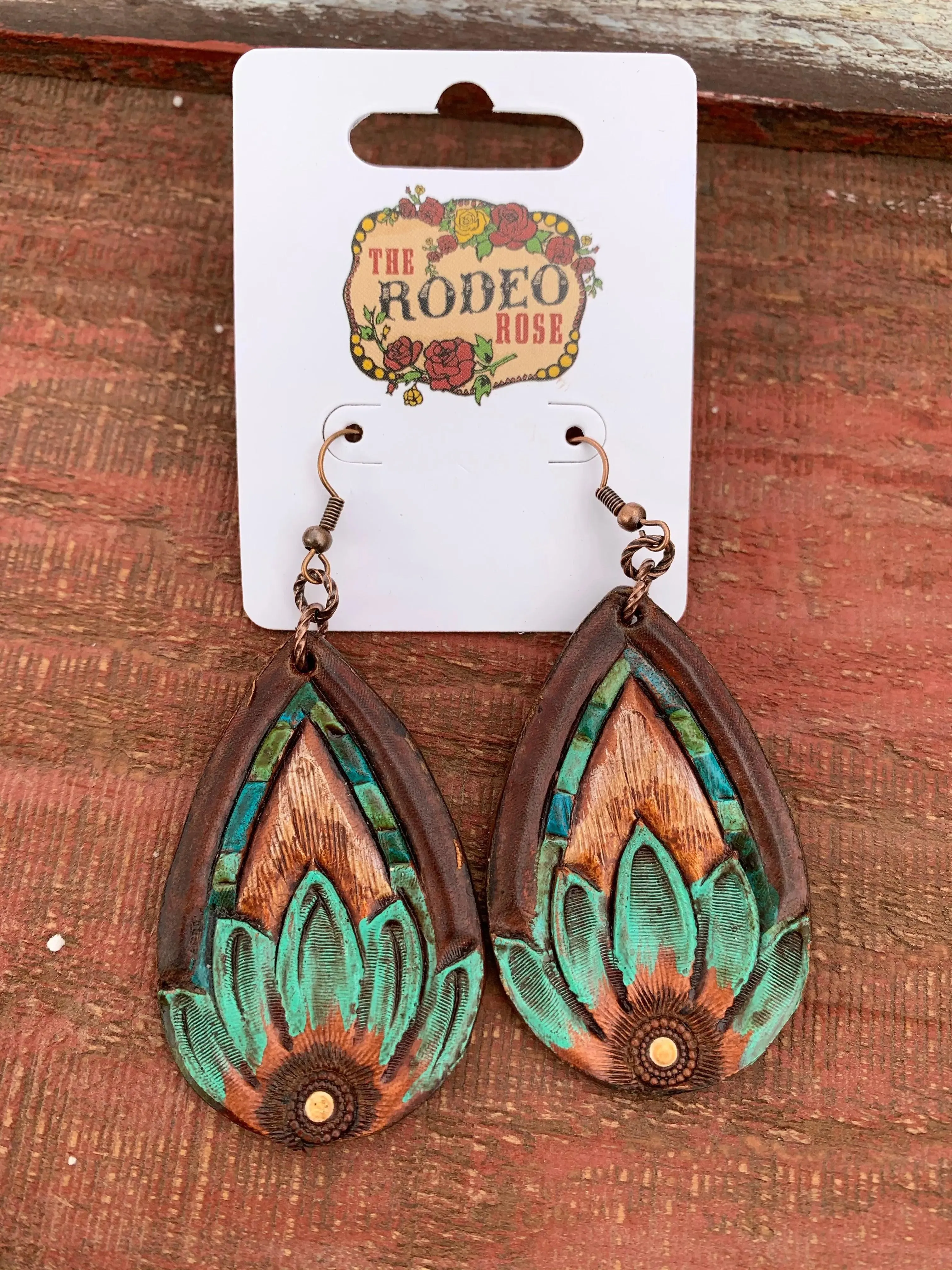 The Tad Hand tooled Leather Earring with Turquoise Border