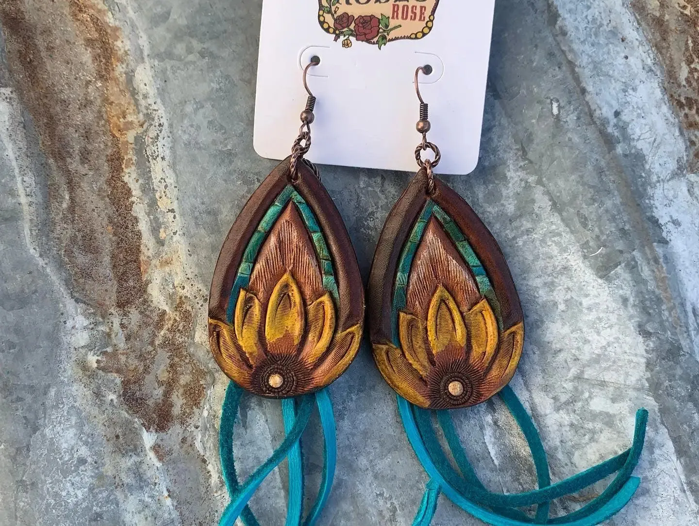 The Tad Hand Tooled Leather Earrings with Turquoise Border and Deerskin Fringe