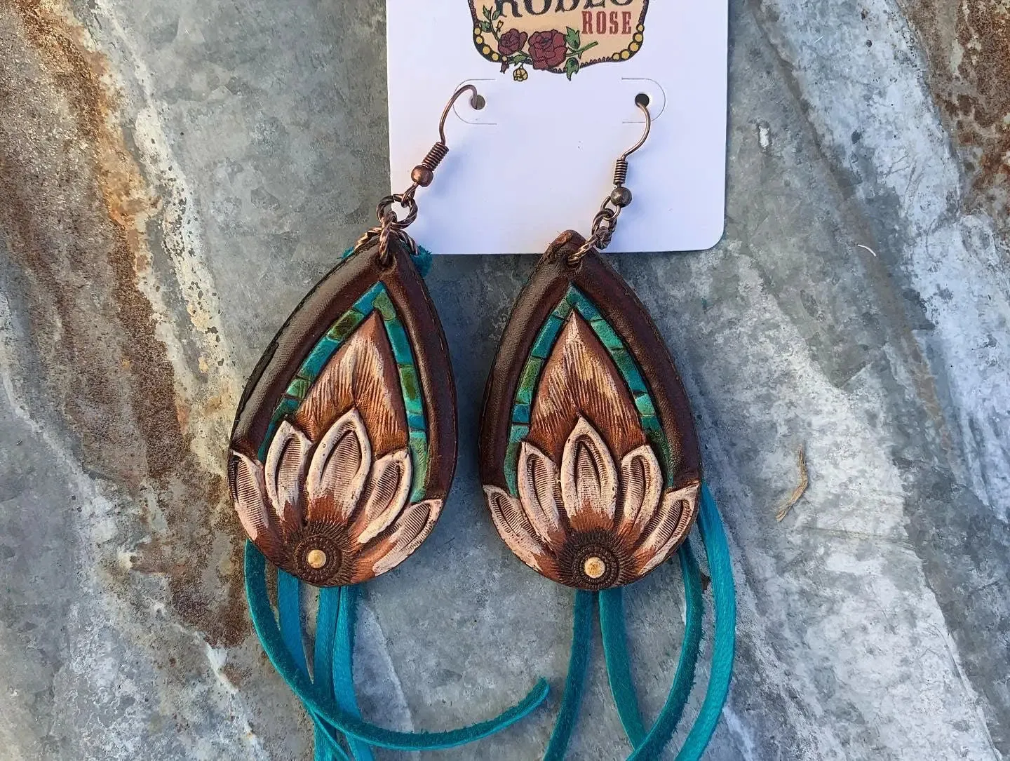 The Tad Hand Tooled Leather Earrings with Turquoise Border and Deerskin Fringe