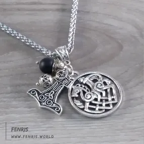 Thor's Hammer Necklace Sleipnir Silver Charm Obsidian Bead | Fenris