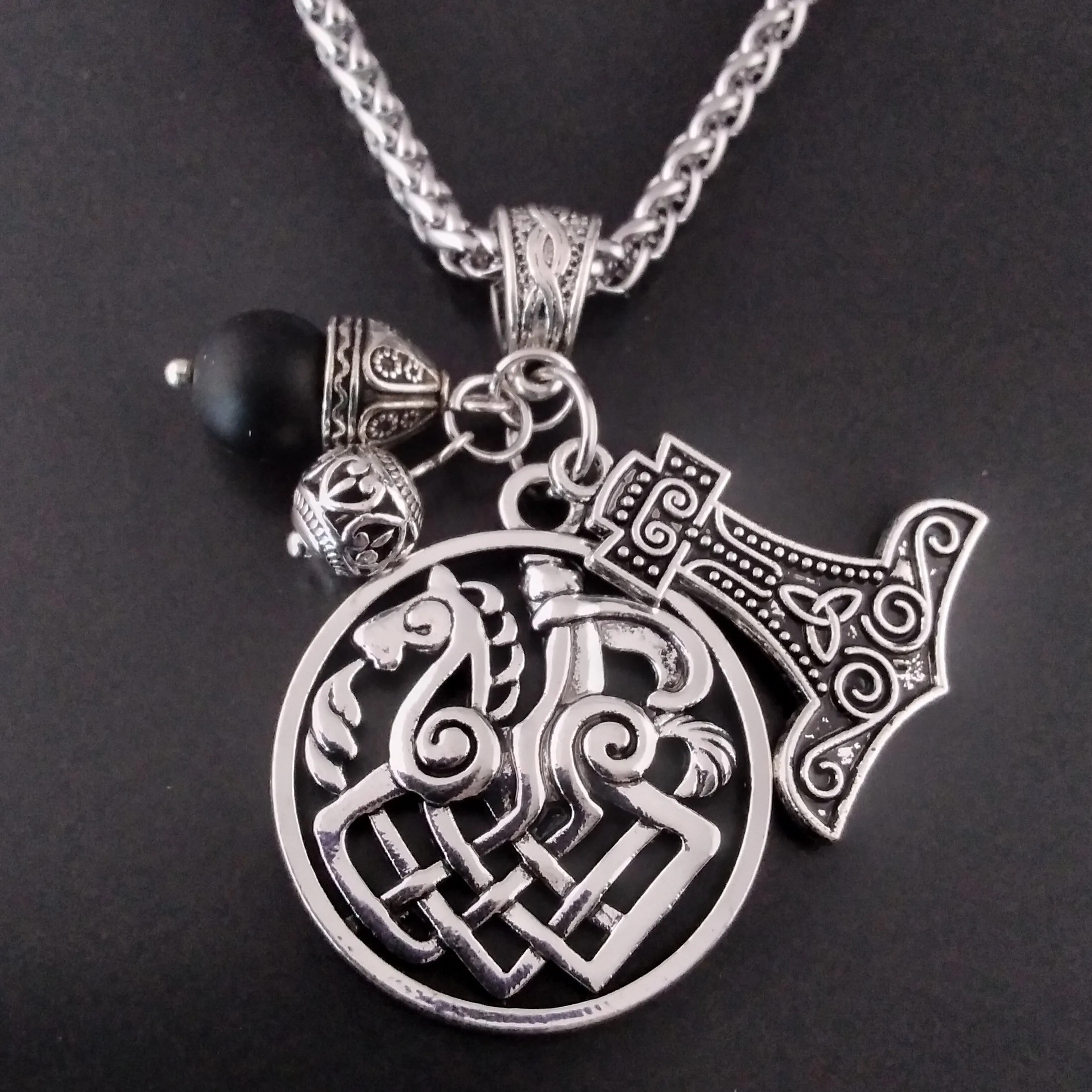 Thor's Hammer Necklace Sleipnir Silver Charm Obsidian Bead | Fenris