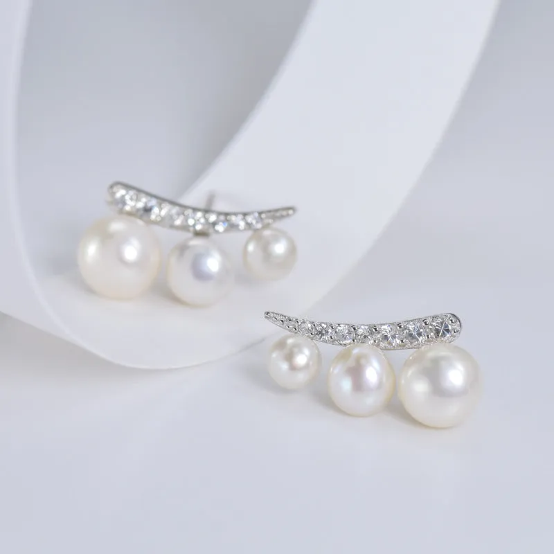 Three Freshwater Pearl with Zircon Silver Stud Earrings for Women