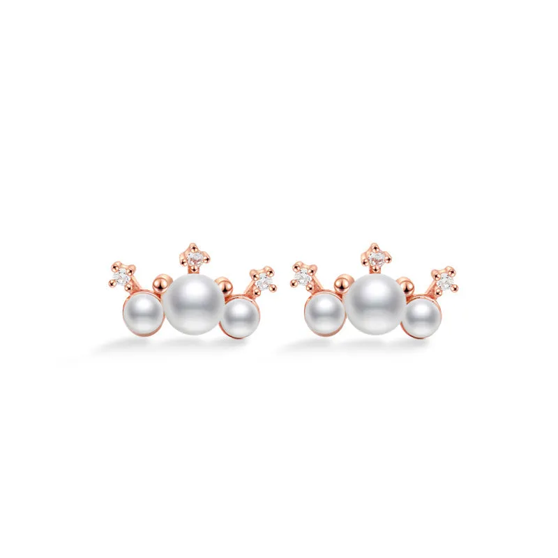 Three Pearl Small Crown Silver Stud Earrings for Women