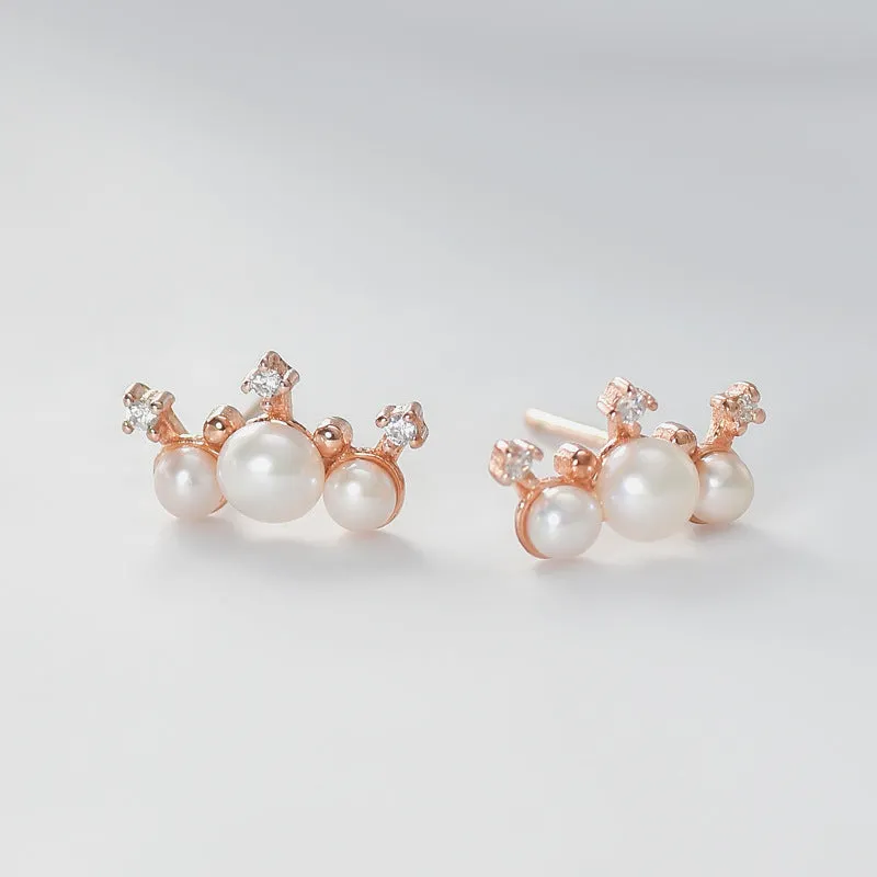 Three Pearl Small Crown Silver Stud Earrings for Women