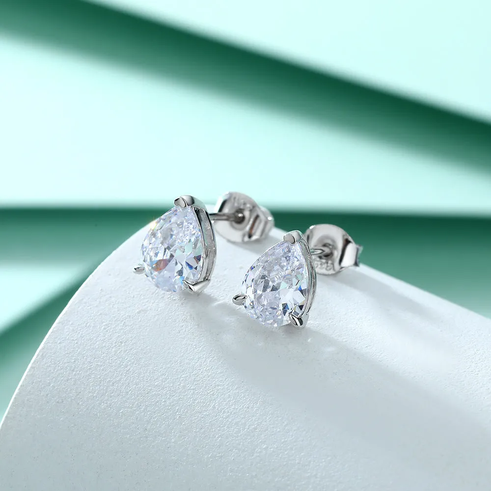 Three Prongs Pear Drop Zircon Silver Studs Earrings for Women