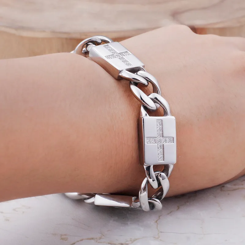 Trendy Titanium Steel Cross Zircon-Studded Hip-Hop Bracelet for Men and Women