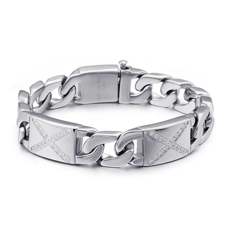 Trendy Titanium Steel Men's Bracelet with Zircon Snap Design