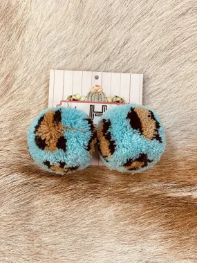 Turquoise Leopard Pom Pom Earrings