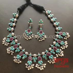 Turquoise Oxidized Tribal Bib Necklace with Pearl beads