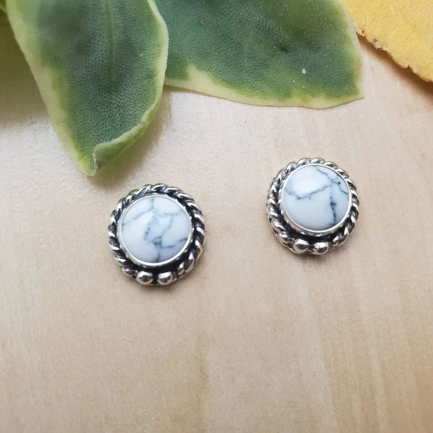 Turquoise White Stone Marble Finished Silver Polished Daily wear Stud, which can go on Ethenic as well as to your Western Wears, Classy, Elegant, White Earrings for Women