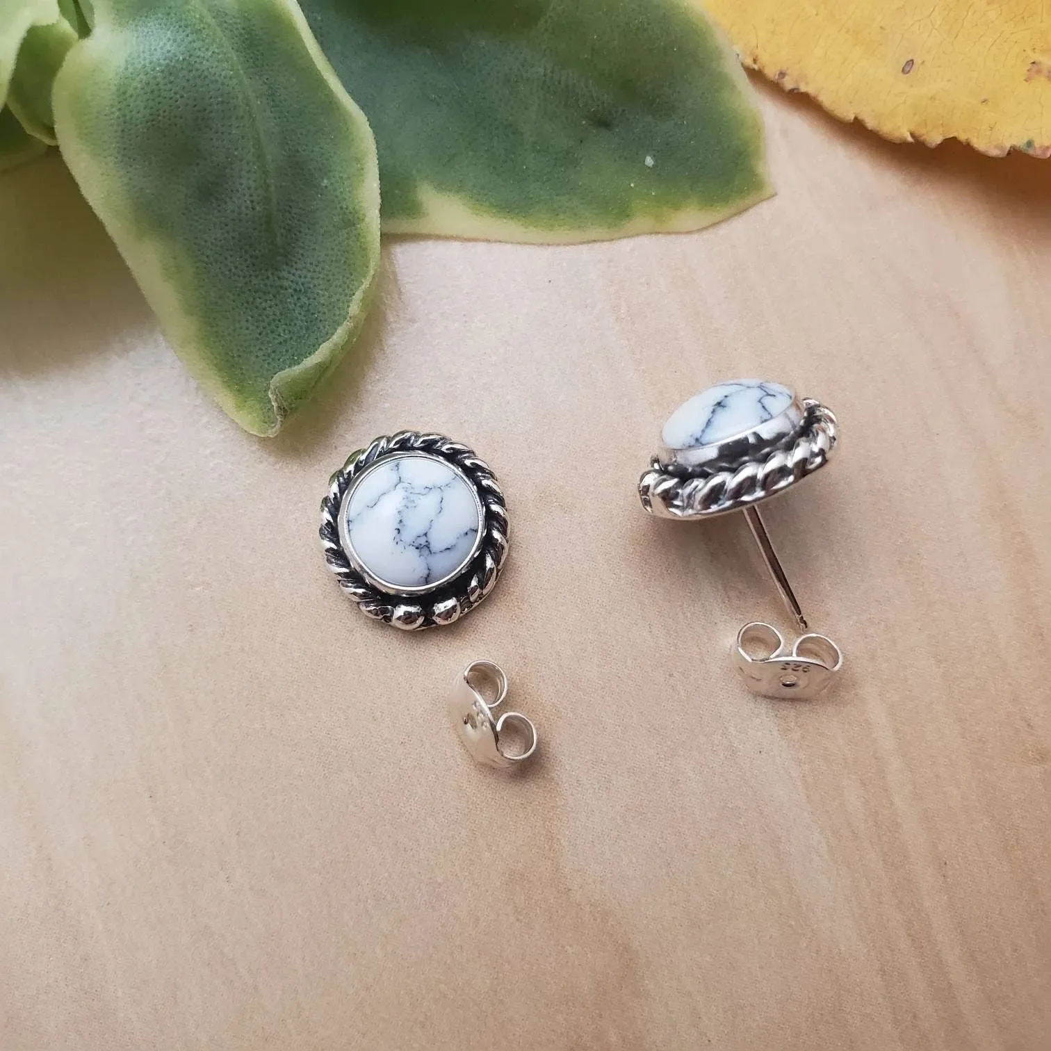 Turquoise White Stone Marble Finished Silver Polished Daily wear Stud, which can go on Ethenic as well as to your Western Wears, Classy, Elegant, White Earrings for Women