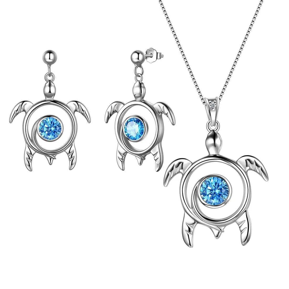 Turtle Birthstone March Aquamarine Jewelry Set 3PCS Women Girls Birthday Gift