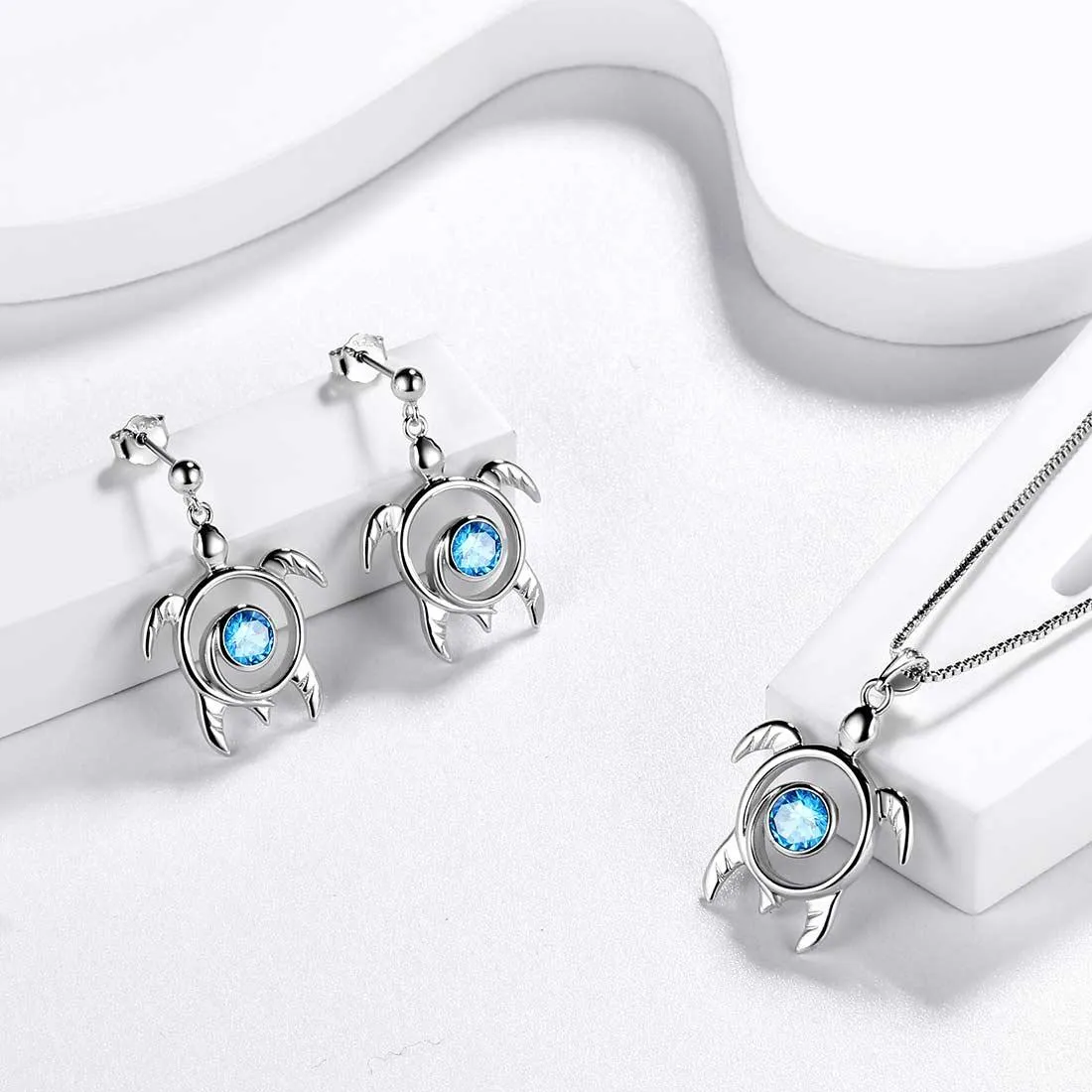 Turtle Birthstone March Aquamarine Jewelry Set 3PCS Women Girls Birthday Gift