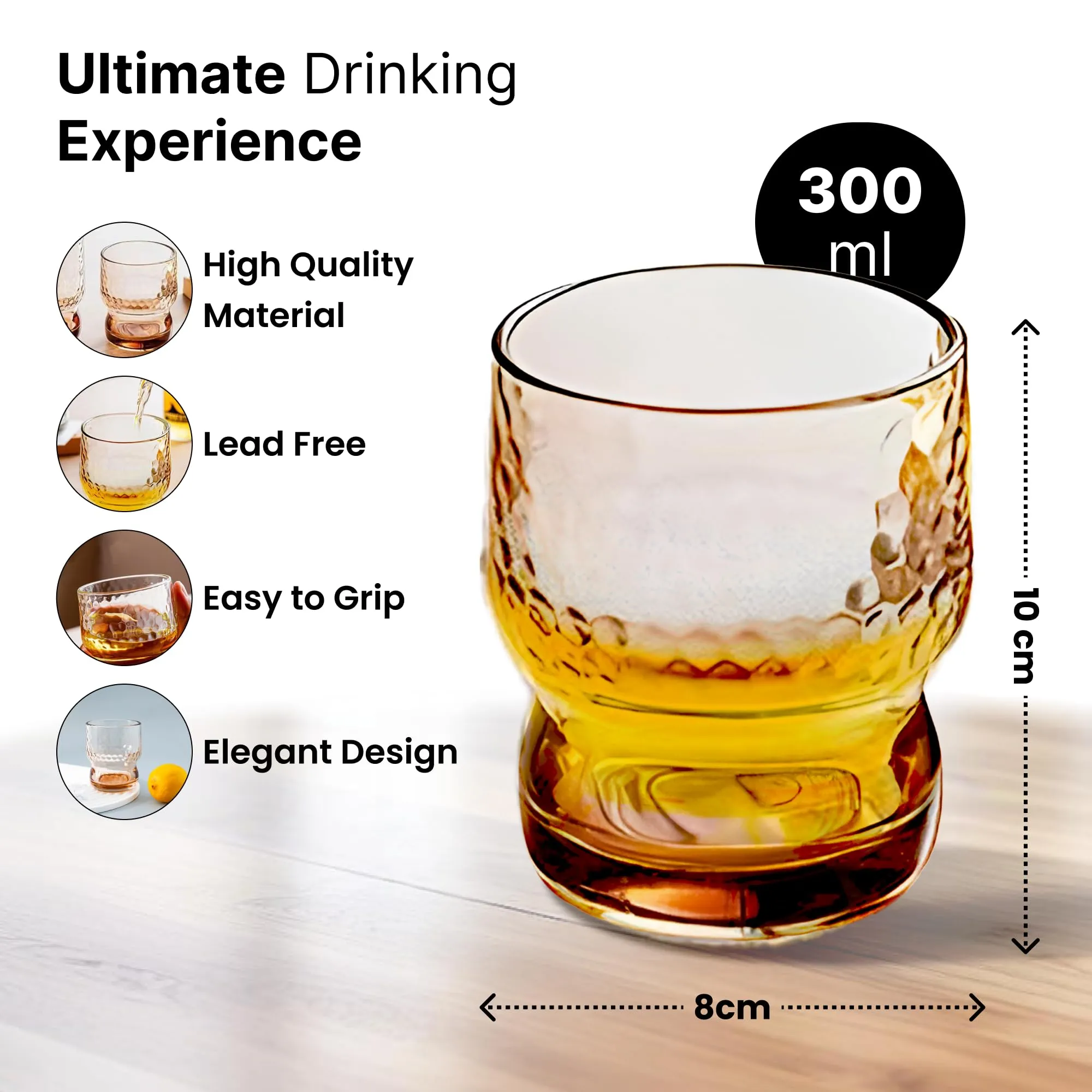 UMAI Water Glasses Set of 4 (300ml Each) | Juice Glasses | Lead Free Drinking Glasses | Kitchen Gift Items | Cold Drink Glass | Cocktail Glass | Kaanch Ke Glass | Gift for Men (Amber)