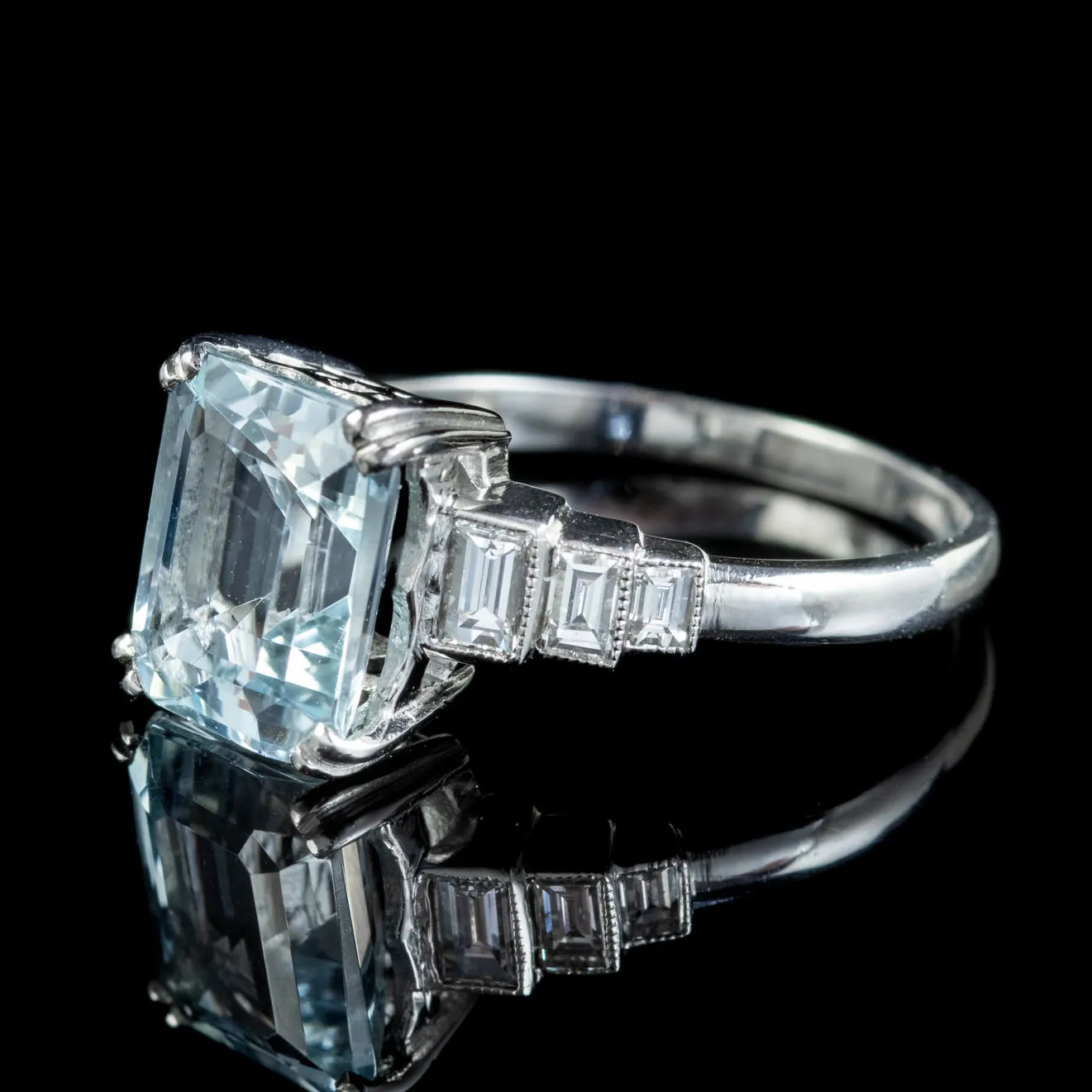 Vintage Aquamarine Diamond Ring Platinum 4Ct Emerald Cut Aqua