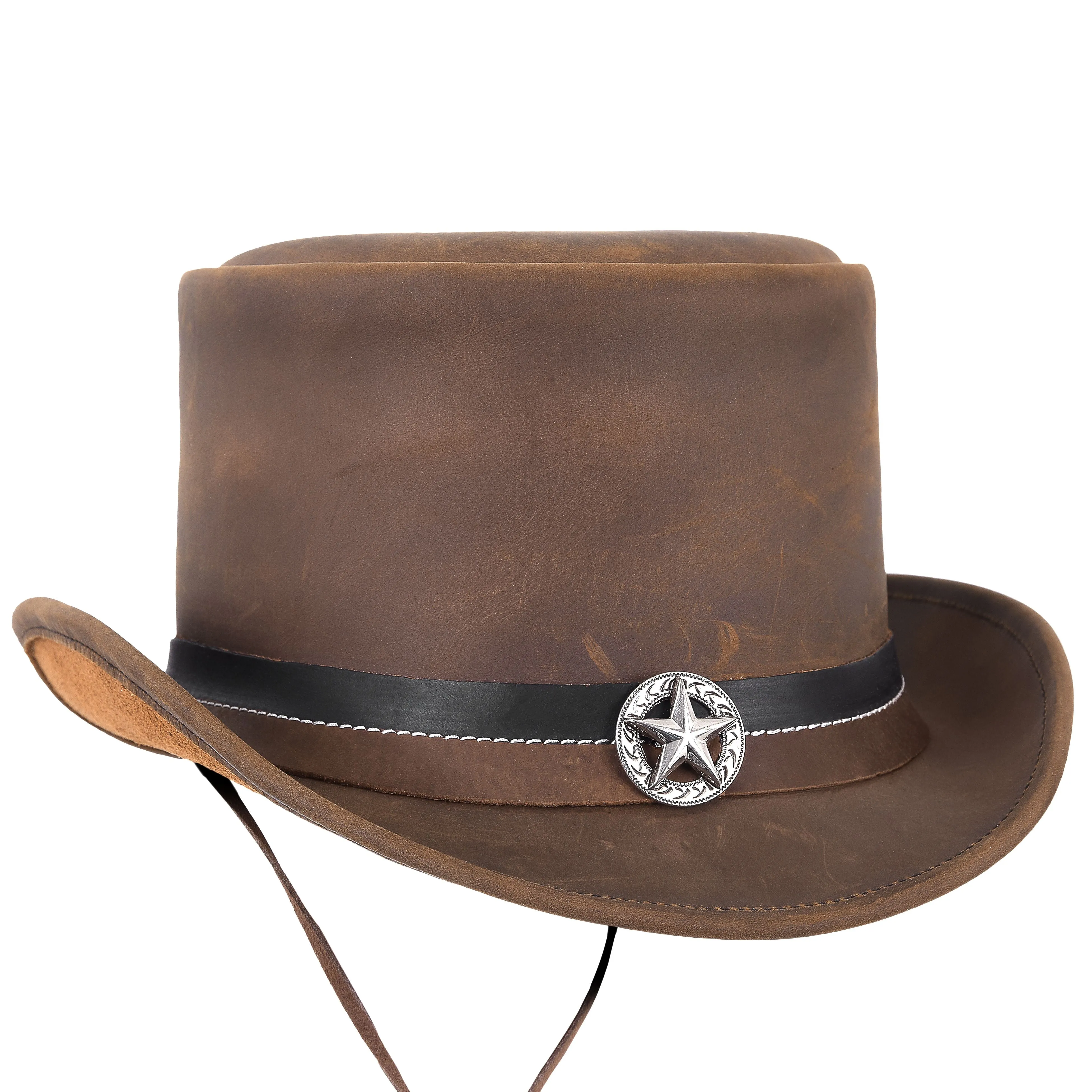 Vintage Leather Cowboy Hat with Star Hatband Brown Top Hat