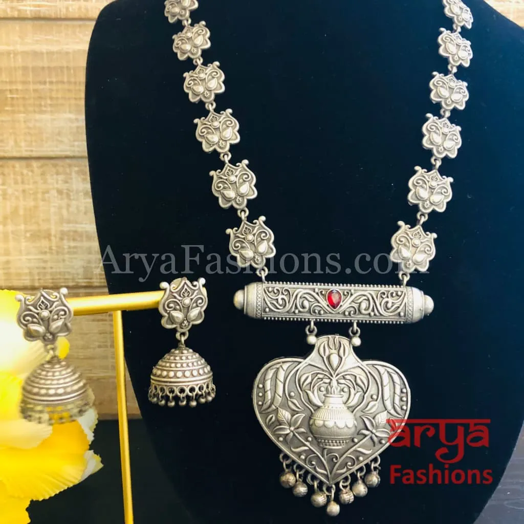 Vintage Silver Oxidized Rajwadi Necklace with Silver beads Jhumkas