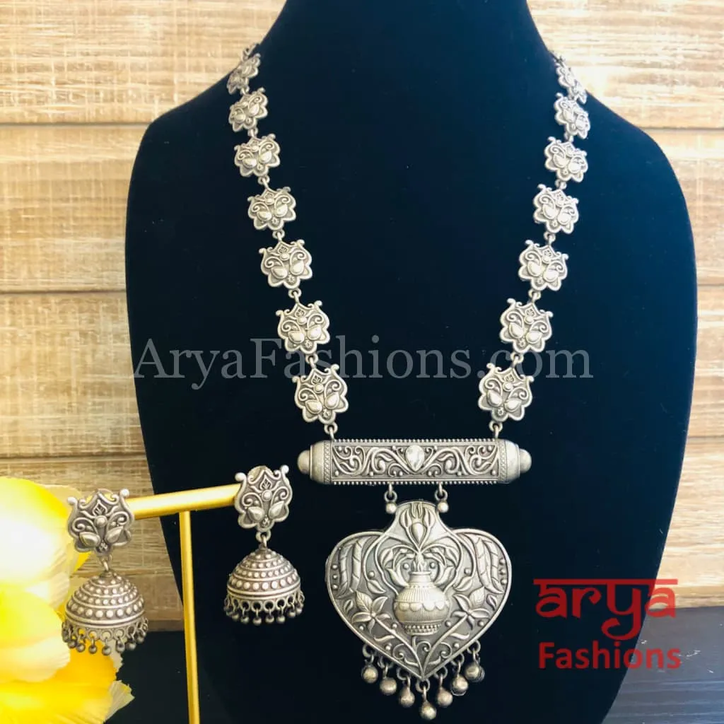 Vintage Silver Oxidized Rajwadi Necklace with Silver beads Jhumkas