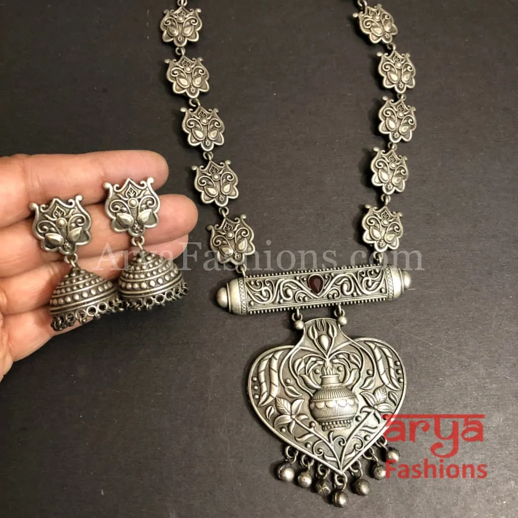 Vintage Silver Oxidized Rajwadi Necklace with Silver beads Jhumkas