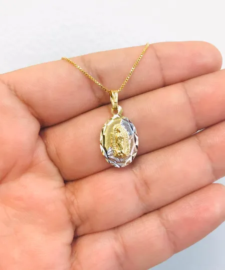 Virgen de Guadalupe Necklace in Gold Filled Guadalupe Charm pendant For Women, Box Link Chain 20” / Cadena de Guadalupe 20x13mm Tres Colores