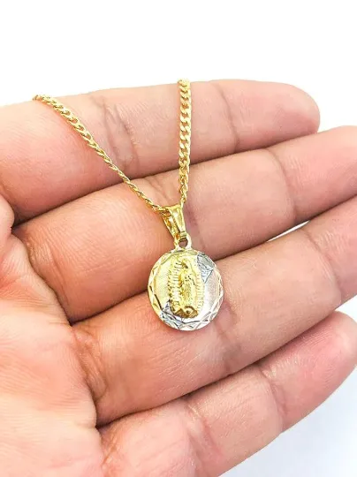 Virgen de Guadalupe Women's Necklace Round Shape Tri-Color Cuban Link 18K Gold Filled 17x14mm Cadena Cuban Link con Dije de Guadalupe Tres Colores