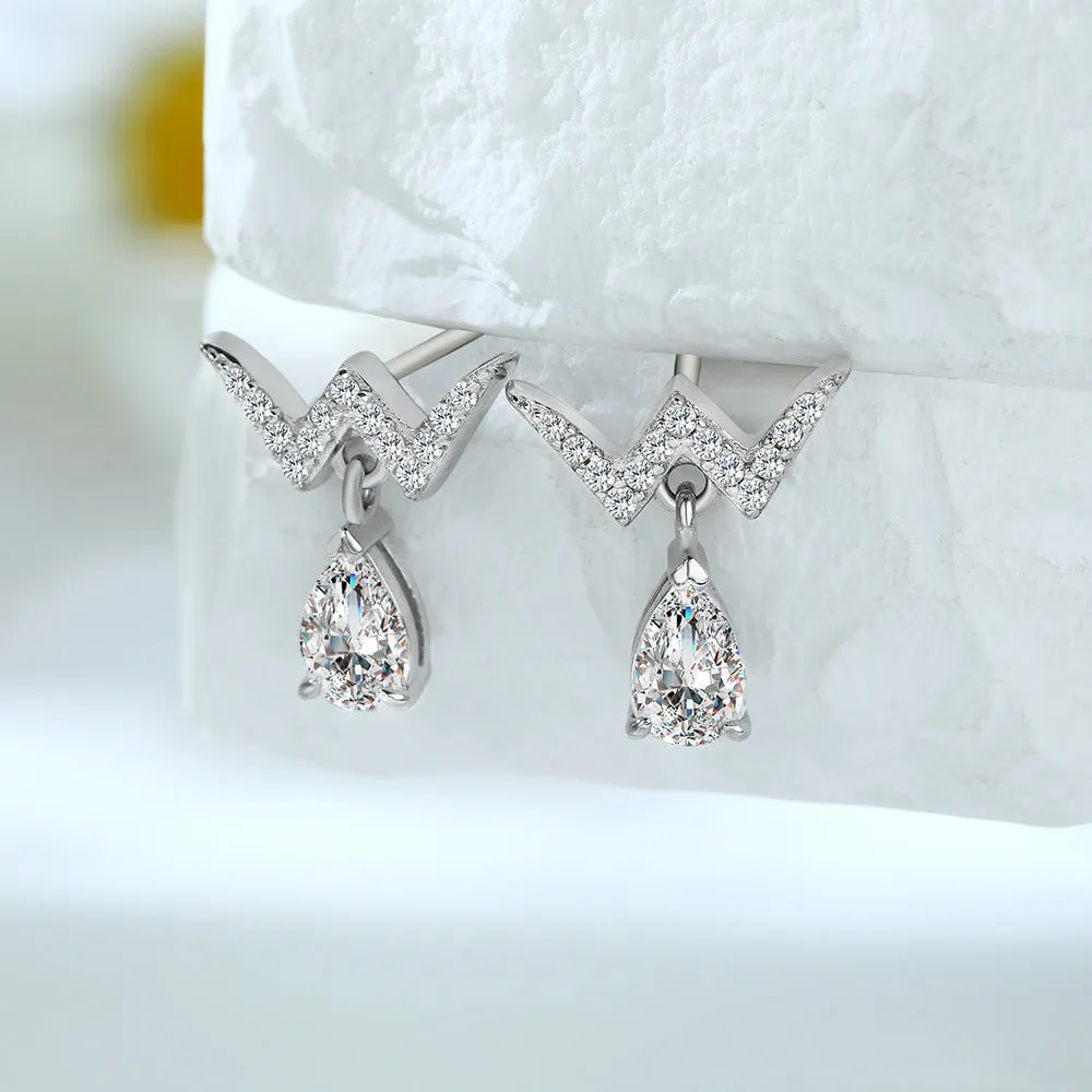 W Letter with Water Drop Zircon Silver Drop Earrings for Women