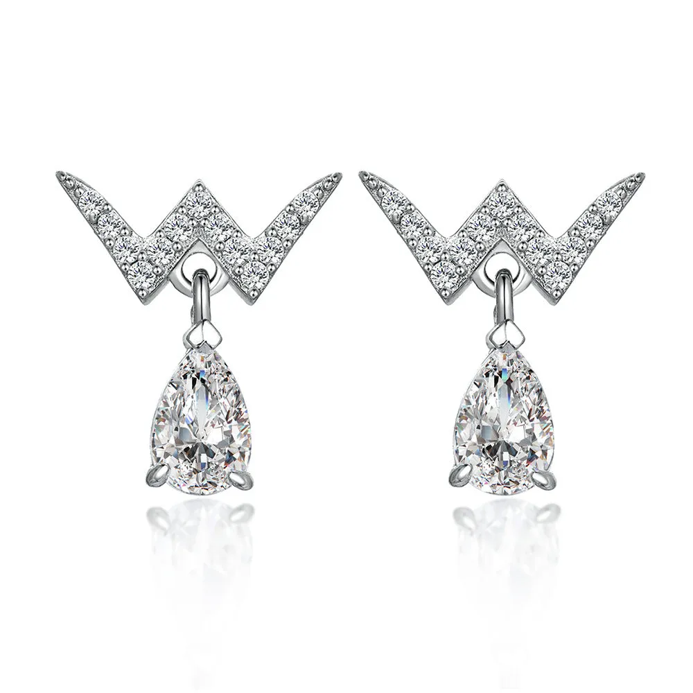 W Letter with Water Drop Zircon Silver Drop Earrings for Women