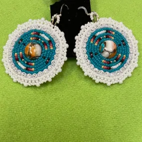 White & Turquoise Beaded Cabochon Earrings