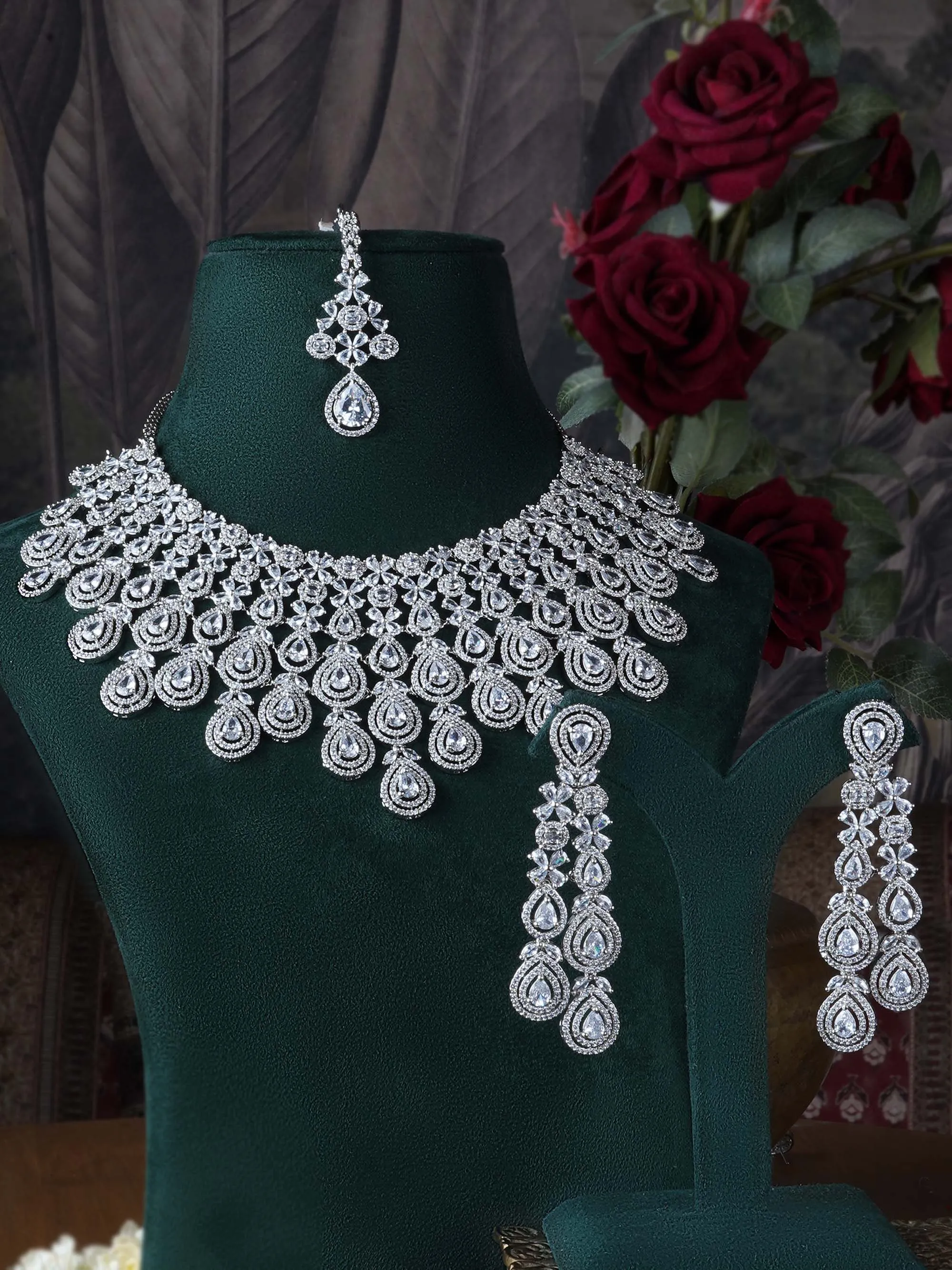 White Color Silver Plated Faux Diamond Bridal Necklace Set - CZSET322