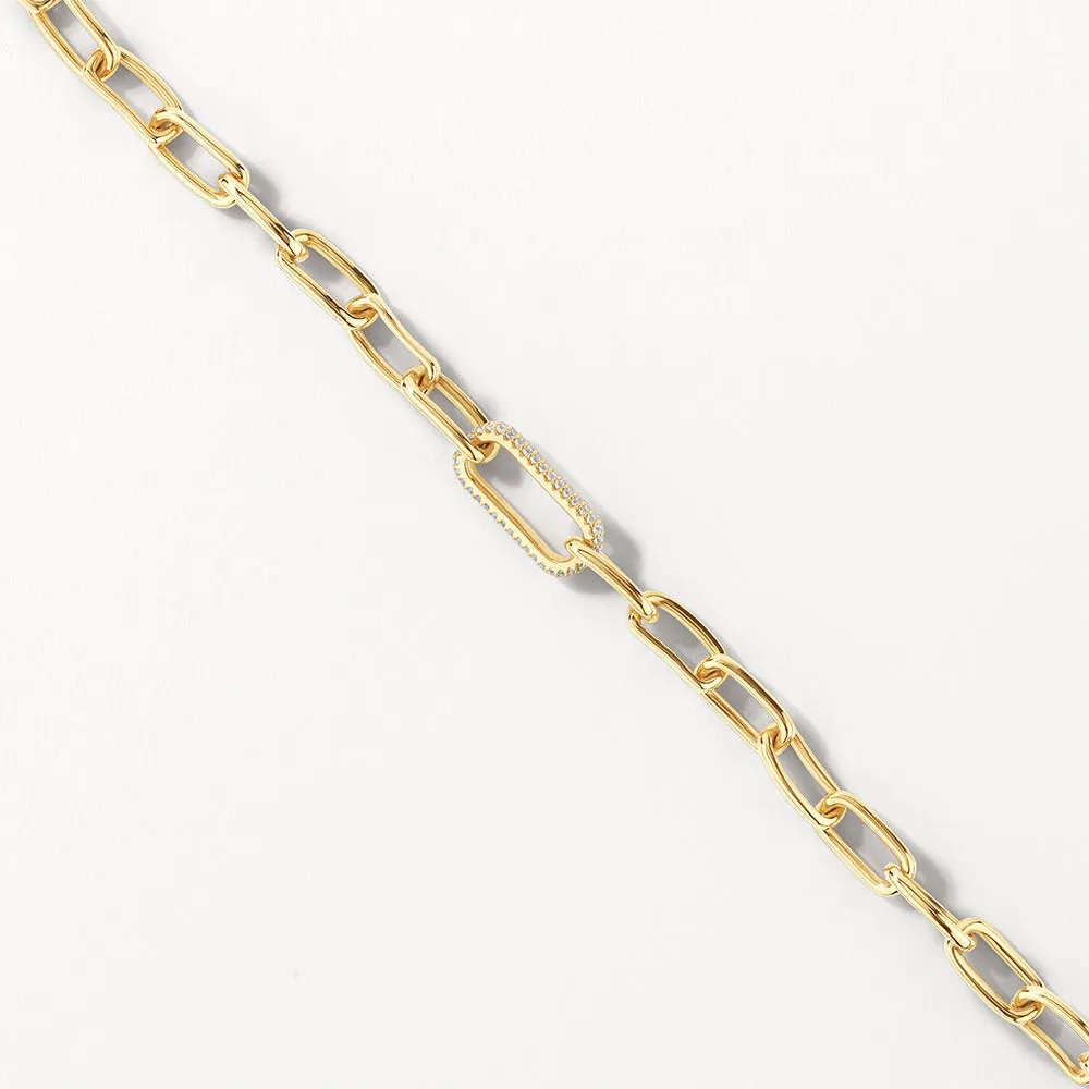 White Zircon Pave Link Paperclip Chain Bracelet in Gold