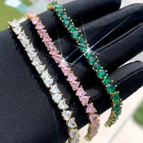 White/Pink/Green 17cm Cluster Heart 5A Cubic Zirconia Tennis Chain Bracelet