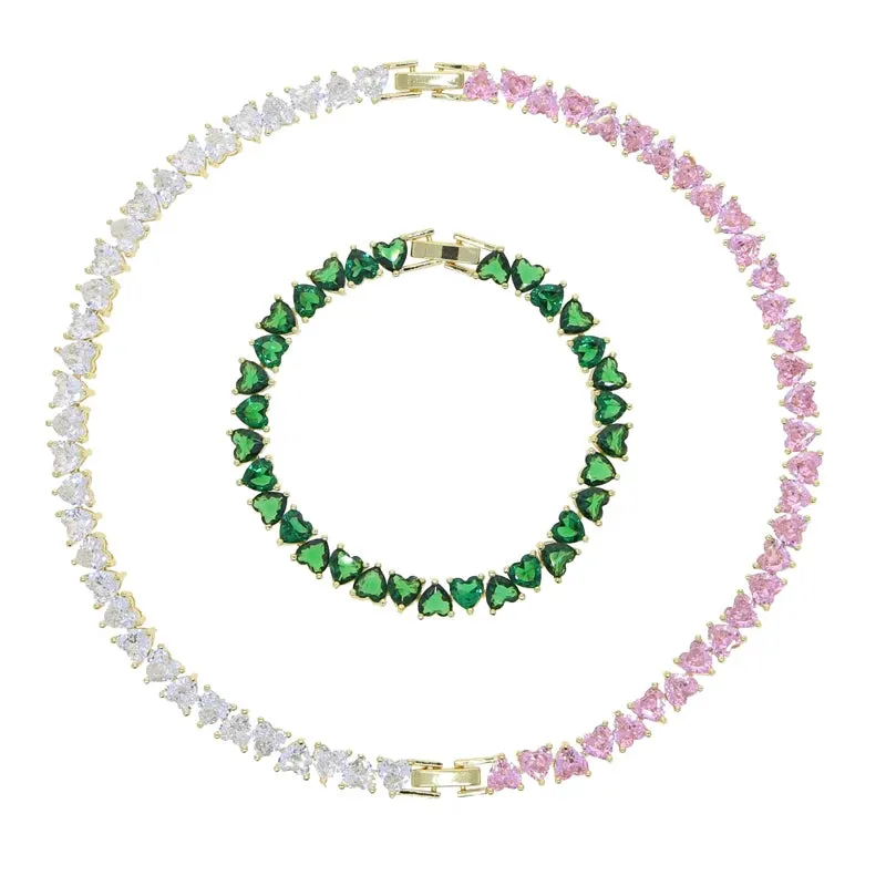 White/Pink/Green 17cm Cluster Heart 5A Cubic Zirconia Tennis Chain Bracelet