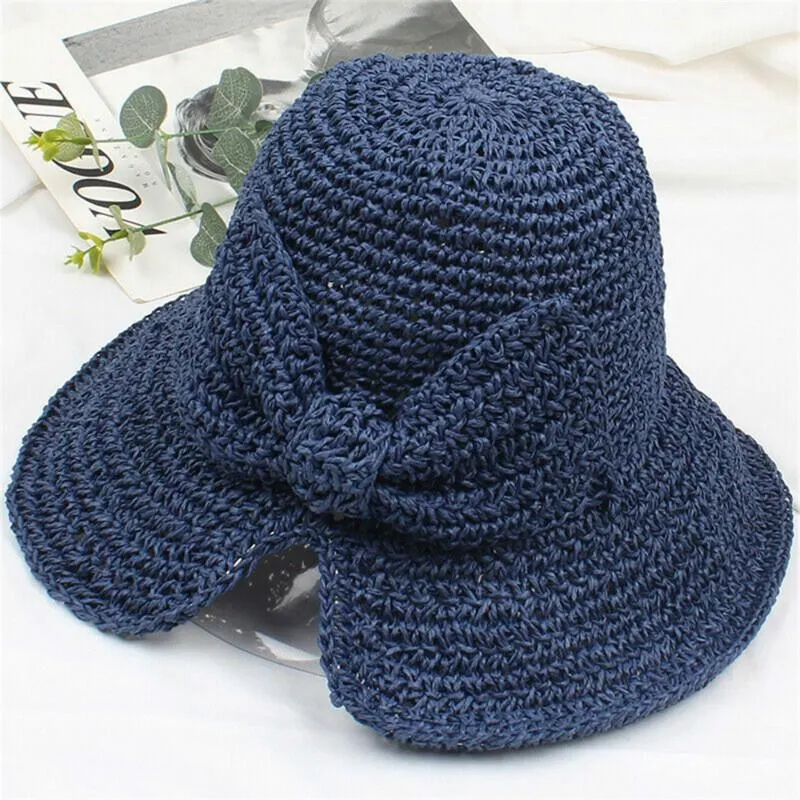 Women Wide Brim Straw Hat Hollow Foldable Summer Bucket Hat Bow Lady’s Foldable Beach Sun Hat for Travel