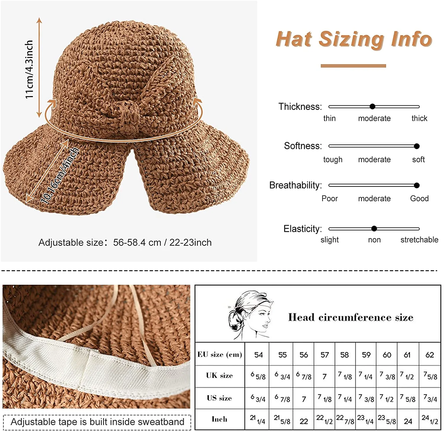 Women Wide Brim Straw Hat Hollow Foldable Summer Bucket Hat Bow Lady’s Foldable Beach Sun Hat for Travel