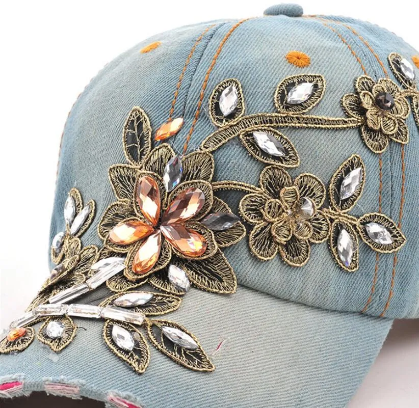 Women's Baseball Cap Diamond Painting Embroidery Flower Denim Snapback Hats Jeans Woman Female Cap Cowboy Summer Sun Hat