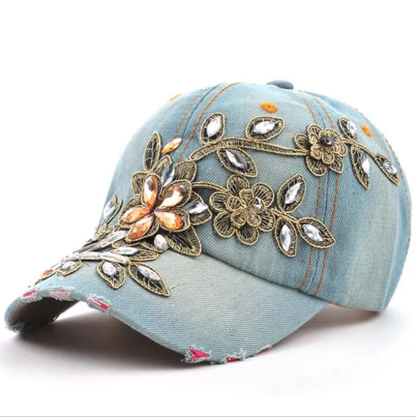 Women's Baseball Cap Diamond Painting Embroidery Flower Denim Snapback Hats Jeans Woman Female Cap Cowboy Summer Sun Hat