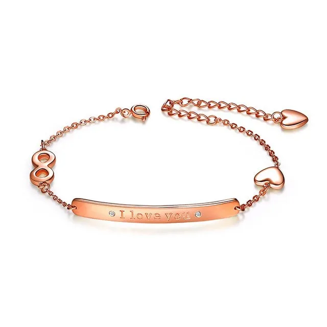 Women's Rose Gold/Silver/Gold Color " I Love You" Adjustable Chain Bracelet with Paved CZ