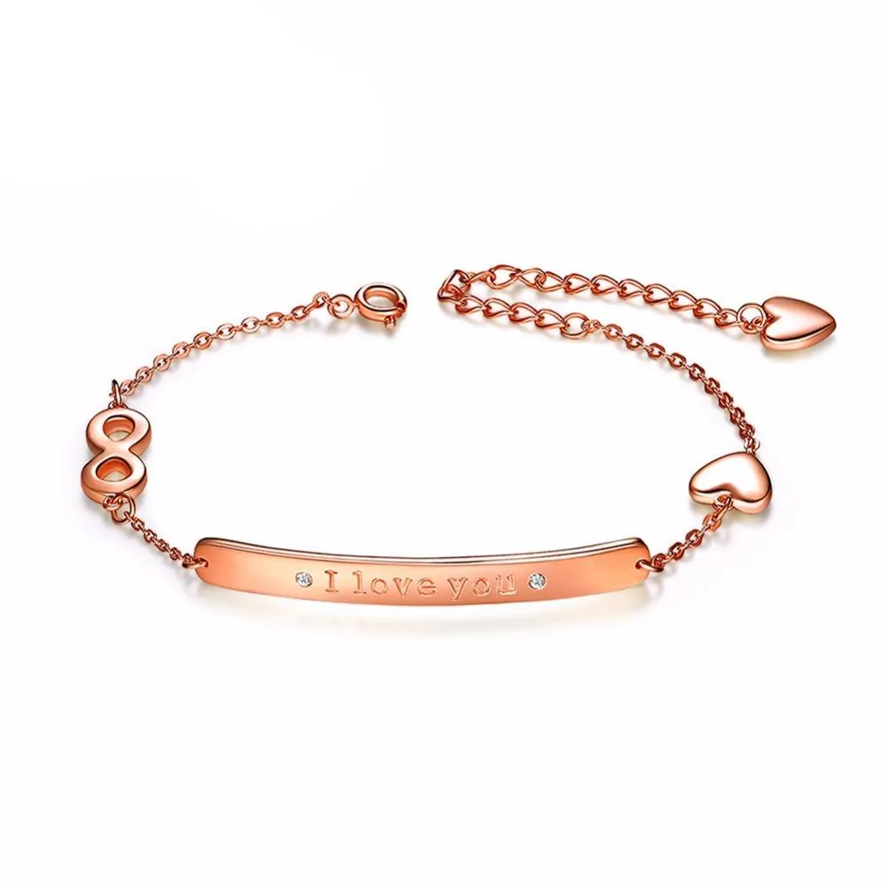 Women's Rose Gold/Silver/Gold Color " I Love You" Adjustable Chain Bracelet with Paved CZ