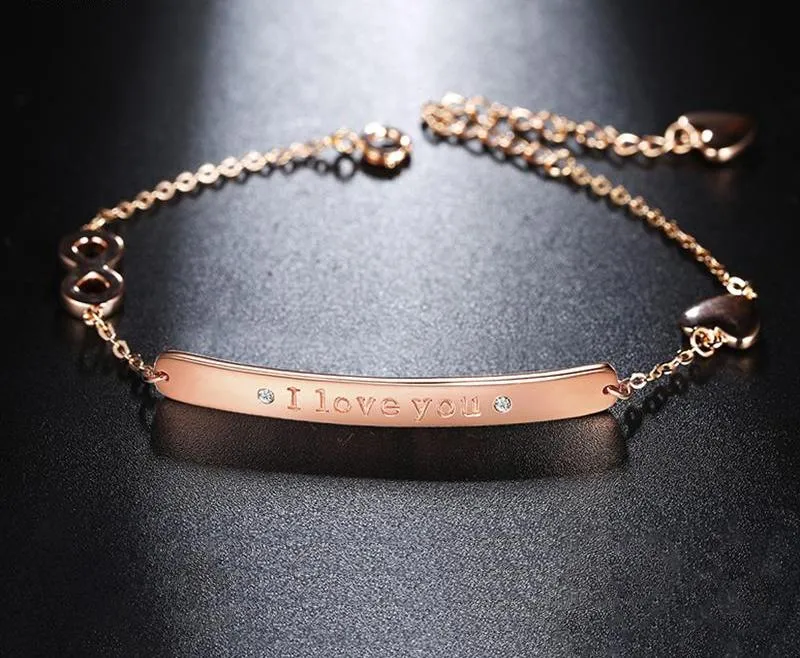 Women's Rose Gold/Silver/Gold Color " I Love You" Adjustable Chain Bracelet with Paved CZ