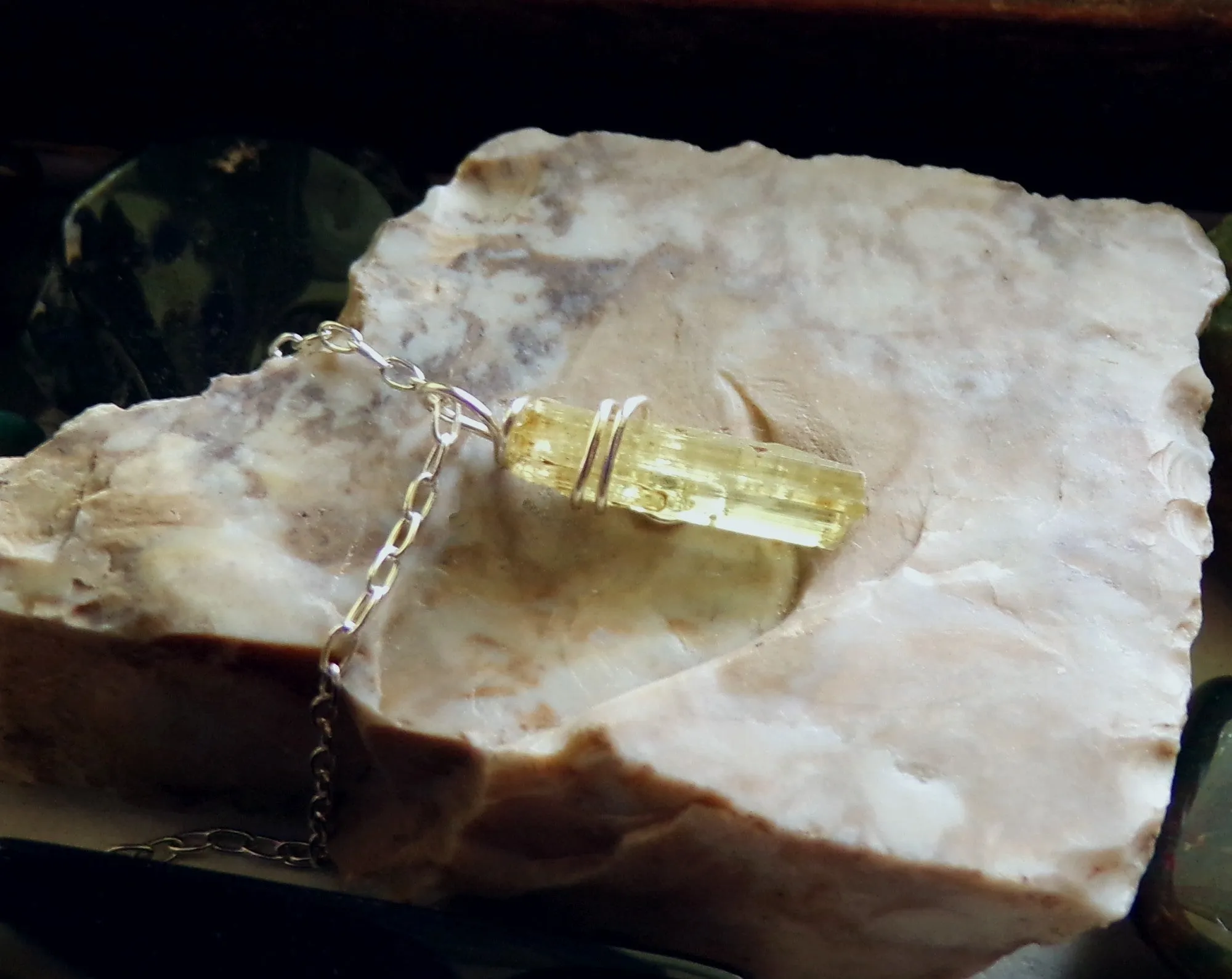 Yellow Beryl Heliodor Gemstone Raw Crystal Pendant Necklace