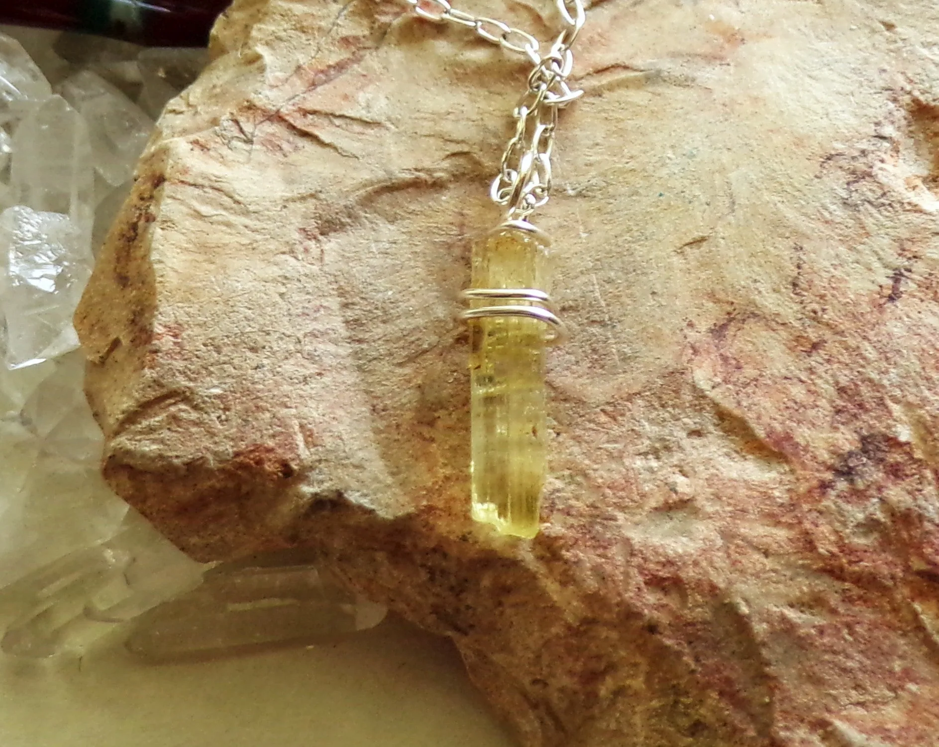 Yellow Beryl Heliodor Gemstone Raw Crystal Pendant Necklace