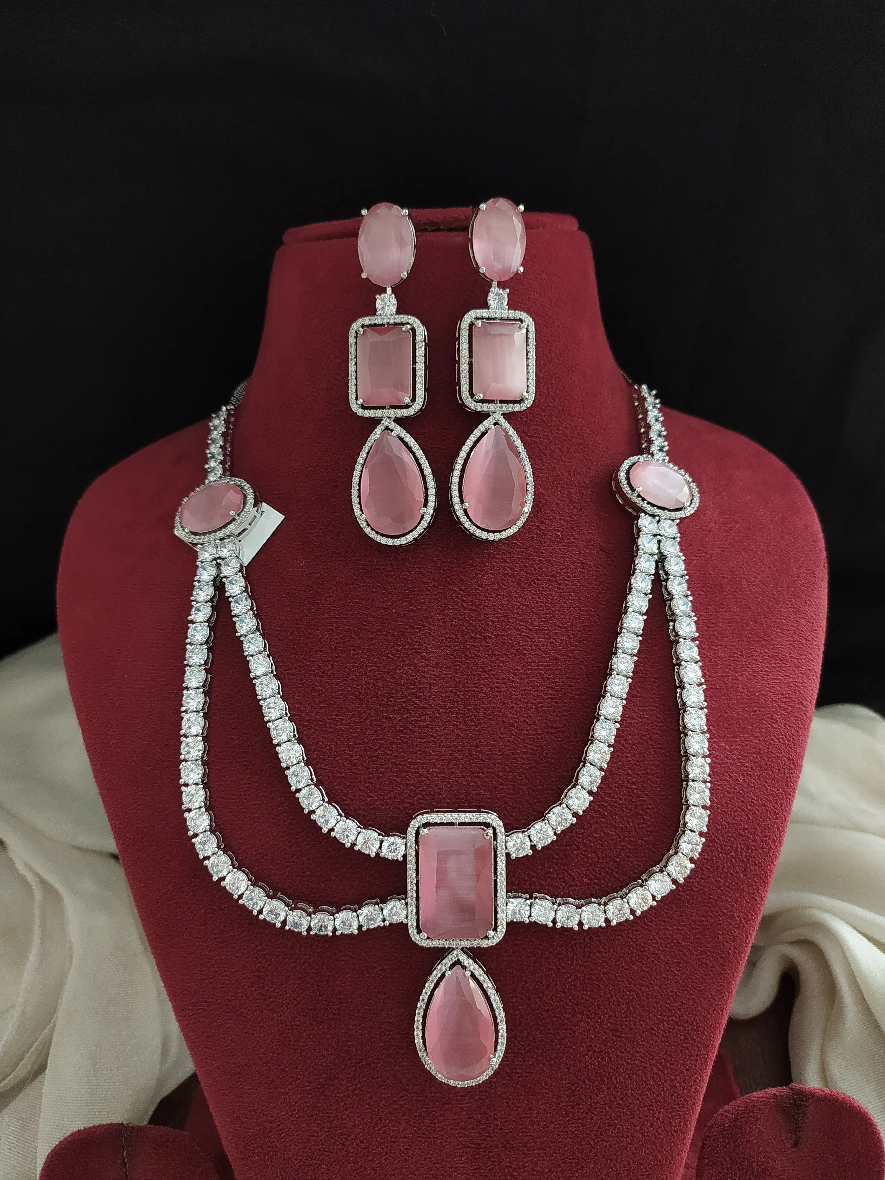 Zircon Big Stone Layered Necklace Set with Matching Dangling Earrings – Available in Baby Pink & Blue