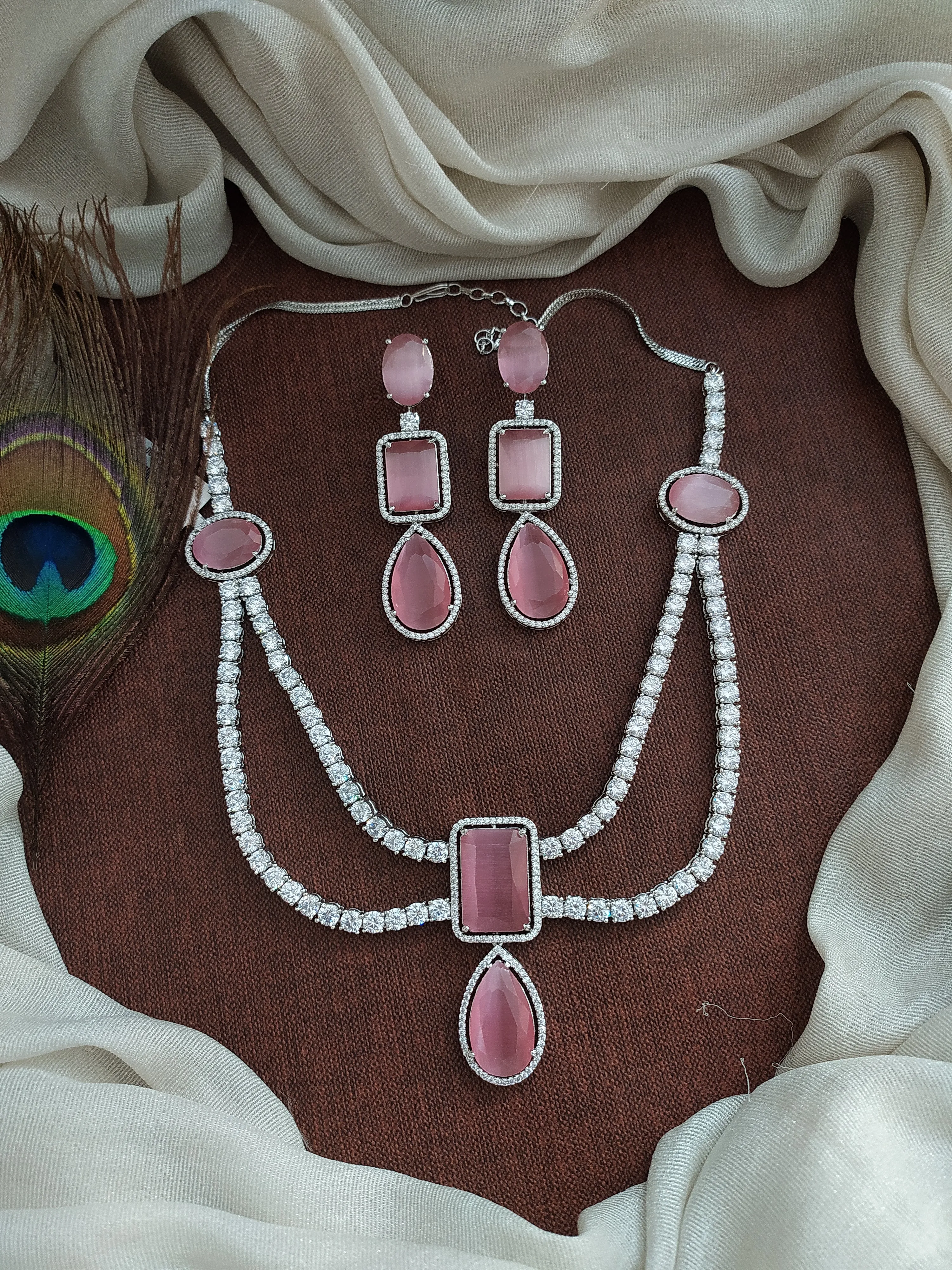 Zircon Big Stone Layered Necklace Set with Matching Dangling Earrings – Available in Baby Pink & Blue