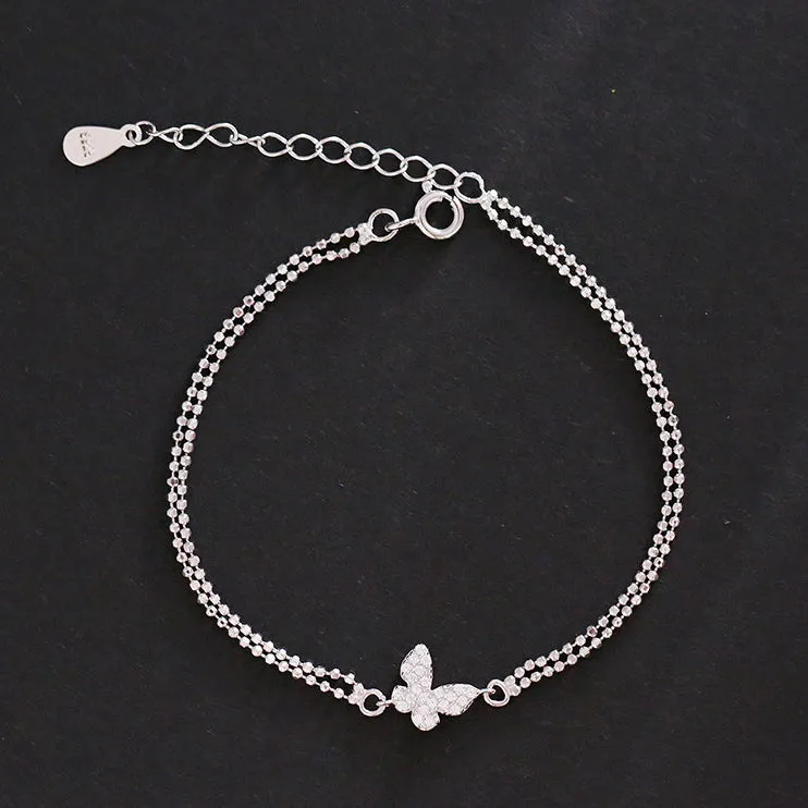 Zircon Butterfly Double Layer Silver Bracelet for Women