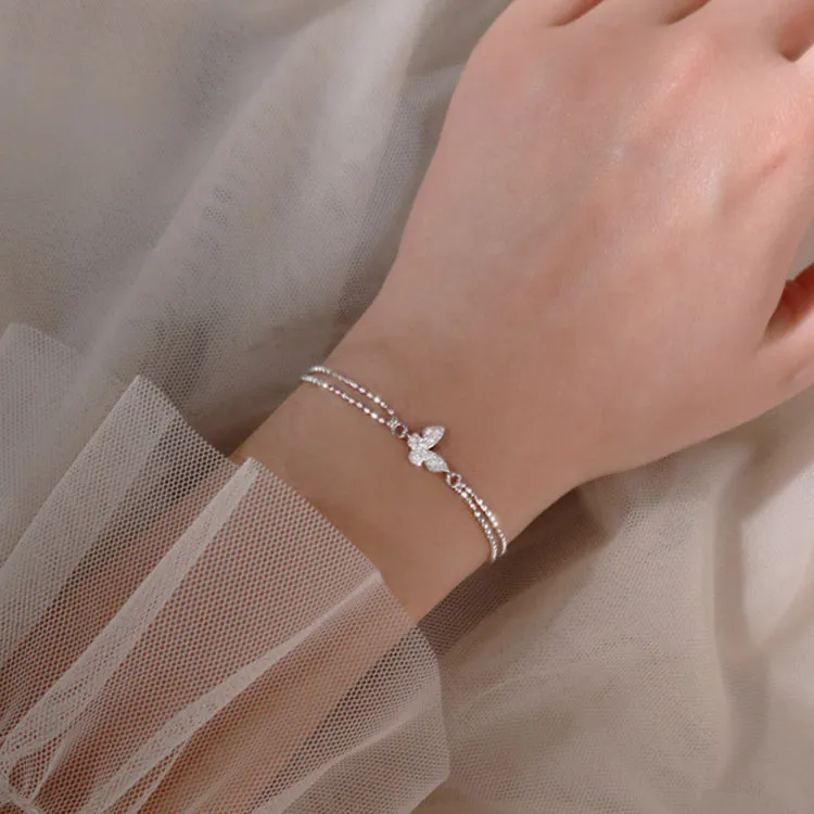 Zircon Butterfly Double Layer Silver Bracelet for Women