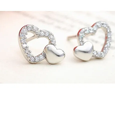 Zircon Hollow Heart with Love Silver Studs Earrings for Women